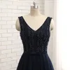 Free Delivery Of New High-end Heavy Manual Evening Dress Handmade Beaded Pearl Navy Lace Yarn Shoulder V Collar Backless Prom Party Dresses
