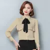 Uzun Kollu Yay Şifon Gömlek Ofis Giyim Kadın Yaz Pileli Bluzlar Tops Katı Beyaz Yeşil Bej