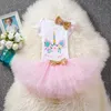 2020 Baby Girl Clothes 1st Födelsedagstårta Smash Outfits Infant Clothing 3pcs Sets Romper + Tutu Kjol + Handgjorda Flower Cap Nyfödda Baby Passar