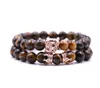 2 Pçs / set Animal Rei Leão Cabeça Tiger olho Pulseira Pedra Natural Preto Coroa Casal Braclet Conjuntos Para Homens Acessórios de Jóias de Mão