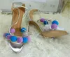 Fashion Pom Women pom Open Toe Stiletto Lace up Sier Gold Colorful Ball High Heel Sandals Dress Shoes