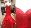 Kırmızı Mermaid Ruffles Gelinlik Modelleri Uzun 2019 Straplez Pleats Saten Katmanlar Etek Abiye giyim Zarif Resmi Elbise Custom Made Gerçek Görüntü