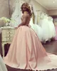 Bateau pescoço mangas compridas apliques de cristal cetim blush rosa brilhante vestidos de noite vestidos formais sedutor plus size vestido de baile vestidos de baile