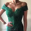 Hunter Green High Split Prom Dresses Off Shoulder Appliques Lace A Line Long Modest Vestios De Fiesta Backless Evening Party Gowns HY218