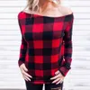 Women Off Shoulder Plaid Tops Long Sleeve Shirt Casual Blouse Loose T-shirt Red Buffalo Checkered Shirts L-OA4146