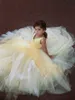 귀여운 공 가운 여자 미식가 드레스 밝은 노란색 V 넥 민소매 꽃 파는 소녀 드레스 웨딩 생일 파티 드레스 맞춤 제작