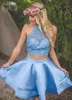 2018 Bleu Col Haut Pas Cher Homecoming Robes De Bal Dentelle Une ligne Satin Ruché Deux Pièces Graduation Soirée Robe De Soirée Robes