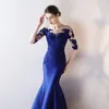 Half Sleeves Satin Mermaid Evening Dresses with Lace Appliques 2019 Sheer Neck Long Evening Gowns Button Back Prom Dresses Royal B4479872