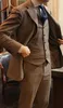 Brown Tweed Men Suit Najnowsze projekty spodni płaszczowej 3 pączki (kurtka+spodnie+kamizelka+krawat) Slim Fit Custom Made Groom Blazer