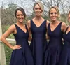 Navy Blue High Low Shored Bruidsmeisjes Jurken 2020 V-hals Satijn Maid of Honour Dress Formele avondfeestjurken