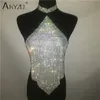 Akyzo Women's Sexy Halter Club Sequin Metal Tops 2018 Nova Chegada Sparkly Backless Colheita Tanques Brilhantes Top
