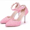 Элегантные кружева жемчуг свадебные свадебные туфли для невесты цветы дизайнер сандалии 9 см высокие каблуки острым носом белый розовый Бесплатная доставка высокое качество