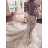 Luxuoso bordado Lace Mermaid Wedding Vestidos Bateau Neck mangas compridas ver através Voltar Vestido De Novia vestidos de noiva