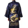 Vestido de Banho Tradicional Bordado Dragão Quimono Yukata Vestido de Banho Azul Marinho Chinês Homens Seda Cetim Robe Casual Masculino Roupa de Casa Camisola