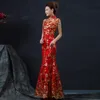 Röd kinesisk bröllopsklänning Kvinna Långärmad Kvinnor Cheongsam Guld Kinesisk Traditionell Klänning Lady Qipao Evening Party 8