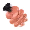 Fasci di capelli umani rosa Ombre brasiliani vergini con chiusura in pizzo 4x4 Ombre # 1B / capelli umani in oro rosa con chiusura in pizzo