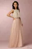 2020 Blush Różowy Dwa Kawałki Druhna Suknie Soft Tulle Koronki Pełna długość Długa Prom Dresses Formal Party Suknie wieczorowe