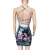 Kvinnor sexig mini slip klänning summen natt fest klänning bodycon spaghetti strap v-hals klänningar backless print blommor clubwear balsal dancing