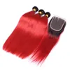 Wefts T1B Red Dark Root Ombre Peruvian Human Hair Weaves 3 Bundles with Closure Straight Ombre Red Bundle Deals with Lace Front Closure