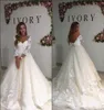 2018 Cheap Vintage A Line Wedding Dresses Three Quarter Long Sleeves V Neck Lace Appliques Sweep Train Backless Plus Size Formal Bridal Gown