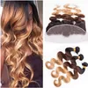 # 1B / 4/27 Preto Marrom e Mel Loiro 3 Tom Ombre Virgem Cabelo Humano Peruano Weave Bundles Onda Do Corpo com 13x4 Fechamento de Renda Frontal