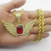 Discount Hip Hop Angel Wings With Big Red Stone Unique Pendant Designs Necklace Men Women Iced Out Druzy Jewelry8211410