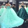 Hors de l'épaule nouvelle arrivée menthe vert tulle robes de bal robe de mariée avec des fleurs faites à la main robe de mariée gonflée robe de Quinceanera