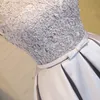 Silver Gray Bridesmaid Dresses Satin Knee Length Sheer Neck with Floral Applique Lace-up/Zipper Back Wedding Party Dresses