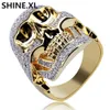 Hip Hop Ring Copper Gold Color Plated Iced Out Micro Paved CZ Stone Skull Ring for Men Women