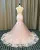 Spring Blush Pink Mermaid Trouwjurken Sheer Bateau Hals Capped Open Back Trompet Bruidsjurken met Kant Applicaties Luxe