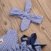 2018 Yeni Sıcak Yaz Toddler Çocuklar Bebek Kız Güzel Giysileri Mavi Çizgili Kapalı Omuz Ruffles Parti Kıyafeti Örgün Elbiseler