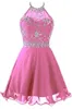 2019 Sexy Crystal Halter Mini Prom Dresses With Sequin Lace Up Plus Size Homecoming Cocktail Party Special Occasion Gown Vestido Fiesta BH50