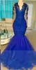 Navy Royal Blue Avondjurken Diepe V-hals Lange Mouwen Kralen Vloer Lengte Illusie Back Jurken Avond Draag Mermaid Prom Dresses