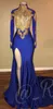 Royal Blue Prom Dresses Gold Lace African Formal Evening Gowns Mermaid Split Side High Collar Long Sleeves Party Dress