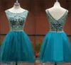 Moda wysokiej jakości kryształowy dekolt z koralikami dekolt Tiul Short Homecoming Sukienki A-line Backless Sexy Prom Party Suknie DH1547