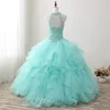 2018 Yeni Yüksek Qullity Nane Yeşil Balo Quinceanera elbise Boncuklu Balo Tatlı 16 Elbise Artı Boyutu Dantel Up Vestido De 15 Ano Q72