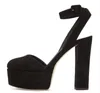 Mulher moda moda de camurça preta plataforma de couro grossa bombas de salto tornozelo tira super grossa sapatos de vestido de salto alto