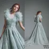 Mint Green Evening Dresses Luxury Feathers Lace Sequins Beaded Prom Dress A Line Sweep Train Jewel Neck Formal Party Gowns Robes De Soirée