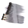 Ciemny korzeń Ombre Srebrny szary 13x4 Pełne koronkowe zamknięcie czołowe z 3bundles Sily proste 1b/szary ombre brazylijskie splaty włosów z frontalnymi