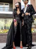 2019 sexy Prom -Kleider atemberaubender Jumpsuit Black Evening Wear Long Sleeves Pailletten Perlen -Promkleider mit abnehmbarem Zug Custom Made 2061