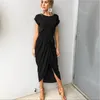 2018 spring and summer casual long dresses fashion short sleeve front fork irregular trim dress for women5583289