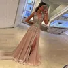 Sexy Champagne Prom Dresses Sexy Diepe V-hals Vestido Formatura Lange Avondjurk Slit Mouwloze Appliques