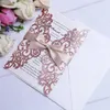 Rose Gold Glitter Laser Cut Inbjudningskort Med Beige Ribbons För Bröllop Bröllop Dusch Förlovning Födelsedag Graduation