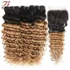 1b 27 Ombre Honey Blonde Deep Wave Hårbuntar med stängning 3 Bundlar med 4x4 Lace Closure Brasilian Remy Mänskliga hårförlängningar