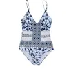 Nya kvinnor One Pieces Bikini Hollow Net Yarn SwimeWear Series Flower Printing vadderad strandkläder Monokini Swimsuit8546561