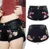 Black Punk Hot Shorts Ladies Rivets Patches Embroidered Floral Loose Style Curled Denim Shorts