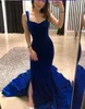 Sexy Royal Blue Velvet Sirène Robes De Bal Dos Nu Avec Bretelles Côté Splits Longue Pas Cher Soirée Pageant Robe Formelle Robes Nouvelle Arrivée