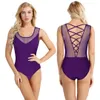 DPOIS Women Sleeveless Mesh Splice Ballet Leotard Adult Gymnastics Leotard Bodysuit Professional Ballerina Costume Dance Wear