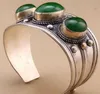 Unisex Vintage Oval Verde Jade Pedra Bead Cuff Bracelet Bangle Tibet Prata
