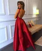 Luxe Aangepaste avondjurken Red V Neck Lace Applique Backless Shiny Pailletten Prom -jurk met zij Split2619399